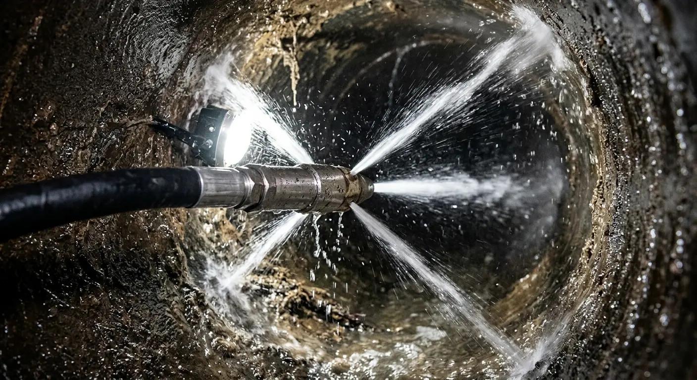 High-pressure hydro jetting nozzle cleaning sewer pipe for Sewer Cleanout in Leesylvania
