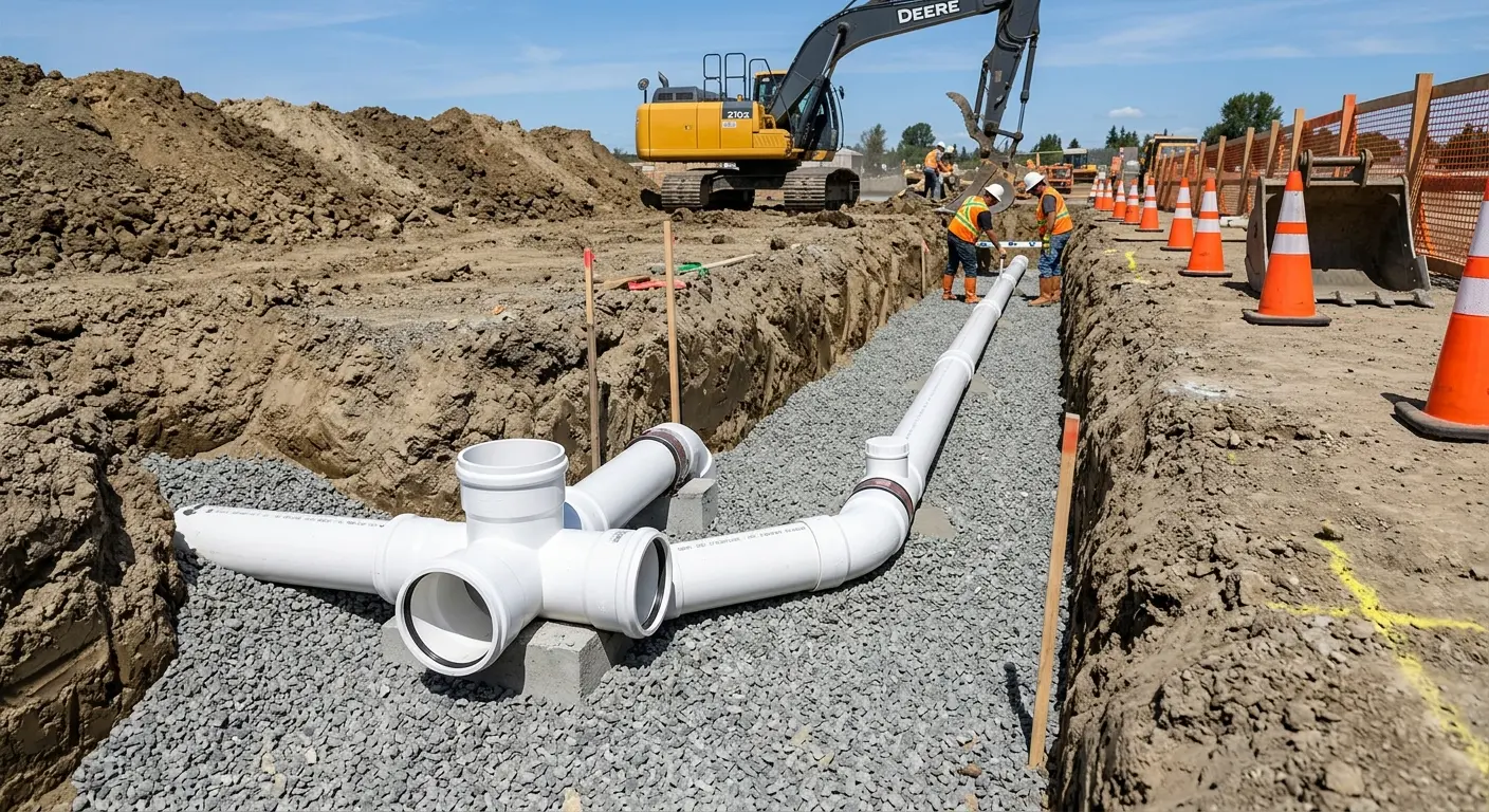New PVC sewer pipe installation in open trench for Commercial Drain Cleaning in Leesylvania