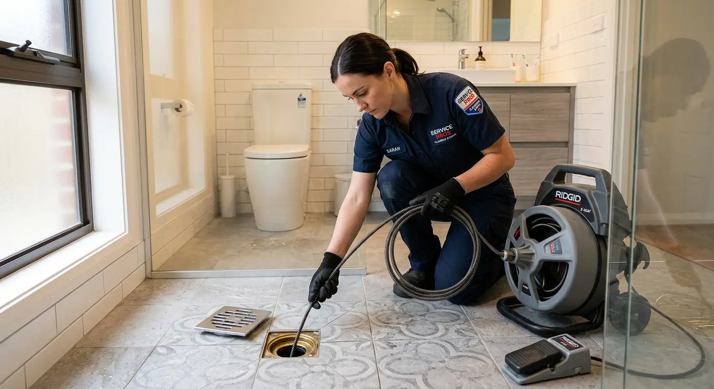 Technician clearing a bathroom floor drain for Drain Cleaning in Leesylvania